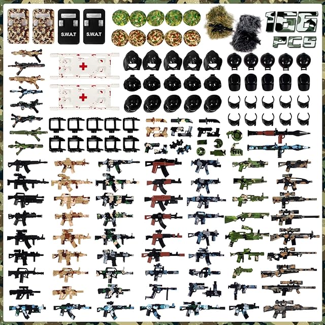 The ZYLEGEN WW2 Weapons Pack Building Block Toys,Military Toy Mercenary Soldiers Figures Army SWAT Team Guns Set Battle EOD Playset,Compatible with Mini Figure Brick for Boys 5-12(166Pcs)