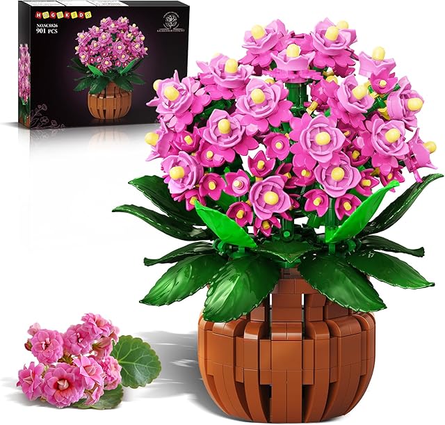The HOGOKIDS Flowers Botanical Kalanchoe Bonsai Building Set - 901PCS Artificial Potted Plants for Home Office Décor, Pink Flower Building Blocks Display Craft Toy Birthday for Adults Teens