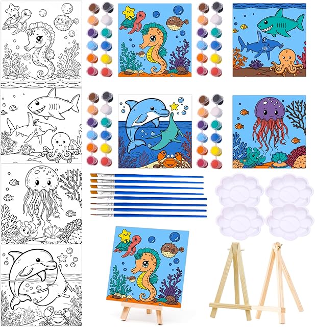 The Yizeda 4 Packs 7.8x7.8 Pre Drawn Canvas Paint Set,Paint by Numbers for Kids,48 Paints 8 Brushes 2 Easels,Pre-Printed Acrylic Oil Painting Kit Ages 8-12 9-12 4-8 Pre Drawn Canvas for Painting for Kids