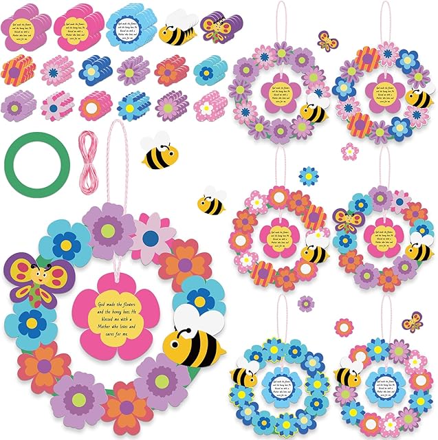 The 24 Sets Mother's Day Craft Kit Flower Bee Wreath Crafts Bulk Christian Mother's Day Ornaments Craft for Kids Classroom Preschool Sunday School Home DIY Activities