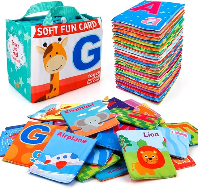 The Mini Tudou 26 PCS Baby Soft Alphabet Cards, ABC Learning Flash Cards with Storage Bag, Washable Soft Letter Early Educational Toy for Babies Infants Toddlers Boys and Girls 0 1 2 3 Years Old