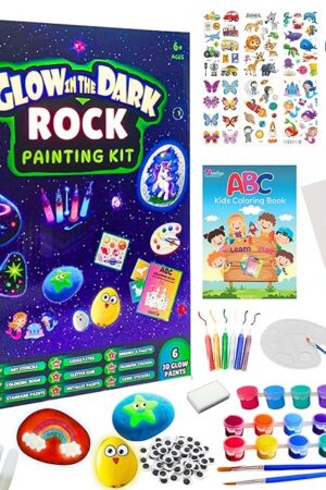 The Rock Painting Kit for Kids Ages 6–12 – Glow in The Dark Arts & Crafts Set with Stencils, Water Coloring Book, Craft Paint Supplies & DIY Toy for Boys and Girls Birthday Gift