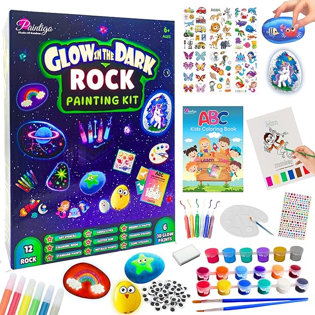 The Rock Painting Kit for Kids Ages 6–12 – Glow in The Dark Arts & Crafts Set with Stencils, Water Coloring Book, Craft Paint Supplies & DIY Toy for Boys and Girls Birthday Gift