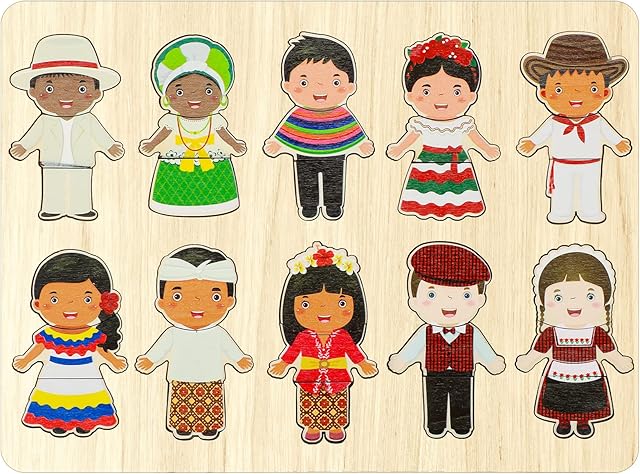 The Kathfly Wooden Multicultural Doll Puzzles for Kids Interchangeable Dress Up Diversity Wood Peg Puzzles for Preschool World