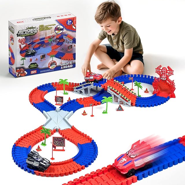 The Spider Toys for Ages 5-7, Spider Race Track with 2 pcs Spider Cars Toys for 3 4 5 6 Year old Boys Girls DIY Flexible Tracks Playset Creative STEM Building Car Tracks for Kids Age 3-5 6-8 Birthday Gift