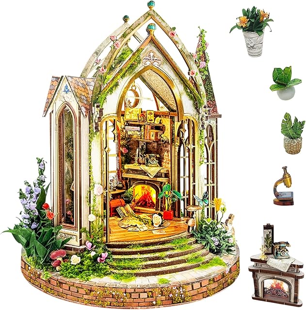 The Book Nook Kit for Adults and Teens, DIY Miniature House Kit with Led Light, 3D Wooden Puzzles for Adults, Wood Gifts for Family and Friends(European Garden Model)