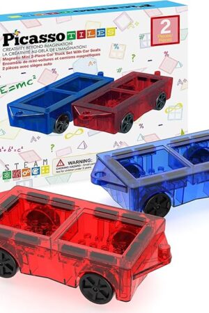 The PicassoTiles 2 Piece Car Mini Truck Construction Kit Toy Set Vehicle for Magnetic Blocks Building Tile Sensory Magnet Toys Bricks STEM & Learning Educational School Puzzle Girls Boys Toddlers Ages 3+