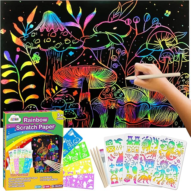 The ZMLM Scratch Paper Art-Craft Kit: 11''x 8'' Big Sheets Magic Rainbow Drawing Board Kid Art Paper Pad Supply Toddler DIY Project Activity Toy Game for Teens Girls Boys Holiday Birthday Gift