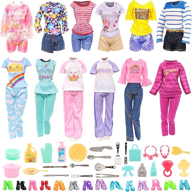 The 40 PCS Doll Clothes and Outfits - 6 Pants Outfits, 10 Shoes, 15 Makeup Accessories and 9 Tableware Accessories for 11.5 inch Doll Girl Dolls
