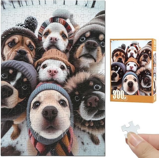 The 300 Piece Puzzles for Adults - Soft Touch Puzzles for Adults 300 Pieces with Cute Dogs in Knitted Hats, Includes Bonus Puzzle Sticker Sheets, Perfect Brithday