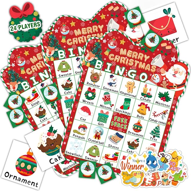 The 39Pcs Christmas Bingo Game for Kids Adults 24 Players Bingo Cards Christmas Games with Reward Stickers Xmas Activities Family Party Game