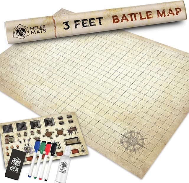 The Melee Mats DND Map Starter Kit - 24? x 36", Wet/Dry Erase Battle Terrain Grid - Ultimate Tabletop Gaming Experience with Accessories