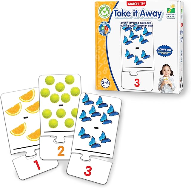 The Learning Journey International Match It! Take It Away - STEM Subtraction Game - Helps to Teach Early Math Facts with 30 Matching Pairs – Preschool Games & Gifts for Kids Ages 3 and Up, Multicolor