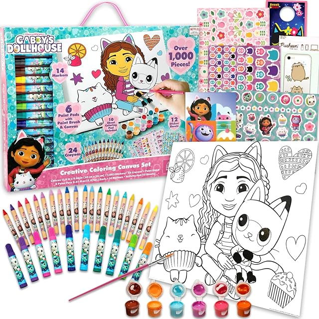 The Dreamworks Gabby's Dollhouse Painting Kit for Kids - Art Supplies Bundle with Large Canvas, Paint, Stickers, Coloring Pages, More | Gabby's Dollhouse Arts and Crafts Pack