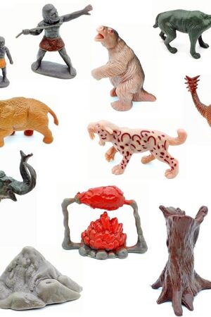 The Qiandier Prehistoric Life Scene Toys Mammoth Saber-Toothed Tiger Wolf Figures Primitive Human Animal Playset 12 PCS
