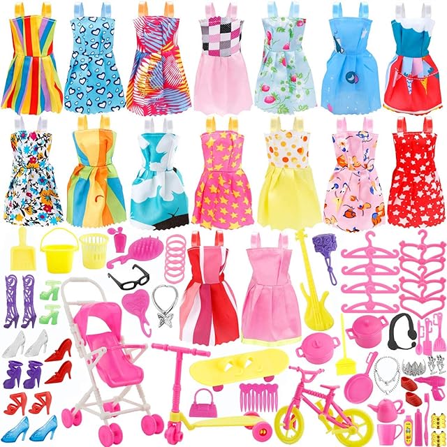 The JANYUN Total 114pcs -16 Pack Doll Clothes Party Gown Outfits Set for Doll+ 98pcs Girl Dolls Dresses Accessories Shoes Bags Necklace Mirror Hanger Tableware (Playing Style)