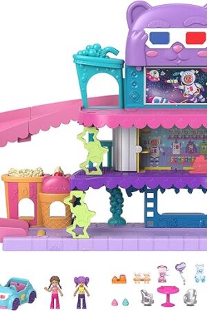 The Polly Pocket Pollyville Dolls & Playset, Drive-in Movie Theater with 2 Micro Dolls, 1 Toy Car & 11 Accessories