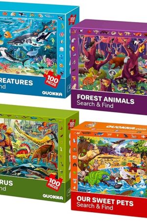 The QUOKKA 100 Piece Puzzles for Kids Ages 4-6 - 4 Jigsaw Puzzles for Kids Ages 6-8 - Search and Find Game with Animals, Dinosaurs for Childrens 5-8 - Learning Educational Toys for Boys and Girls 8-10
