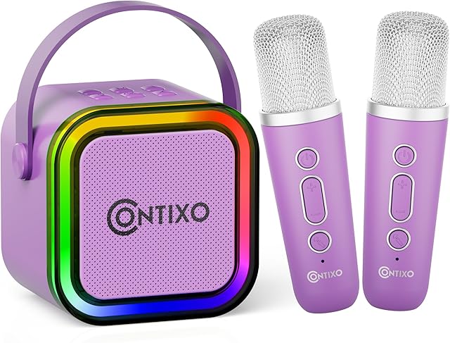 The Contixo KS1A Kids Mini Karaoke Machine with LED Lights, 7–10H Playback, Dual Wireless Mics, Magic Voice Effects, Bluetooth Speaker for Children, Portable Singing Toy Gift for Boys & Girls, Purple