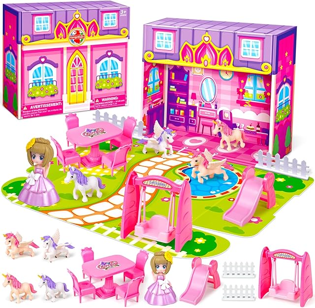 The Dreamy Pink Princess Doll House, Kids Dollhouse Playset Foldable House for Toddlers 3-5, Educational Pretend Play Toys for Girls 3+ Indoor Outdoor Play with Unicorns, Swing, Furnitures