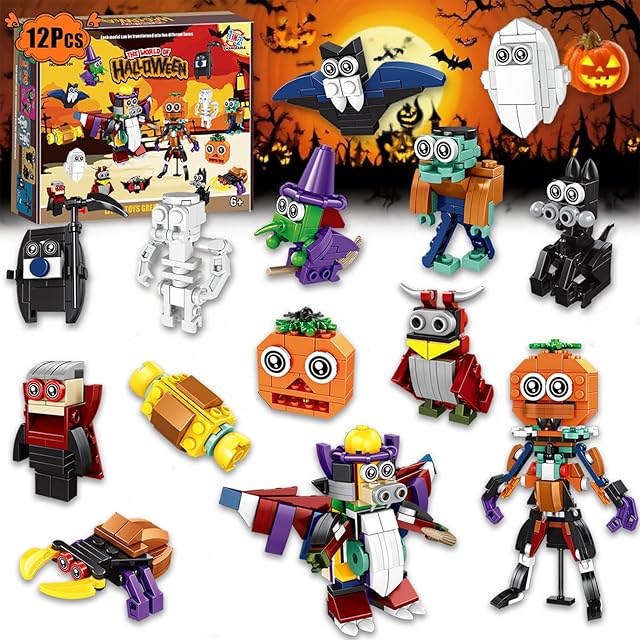 The Halloween Building Blocks, 12Pcs Halloween Party Favors for Kids, 6 in 1 Building Block Treat Toys Goodies Bag Fillers Classroom Prizes Supplies