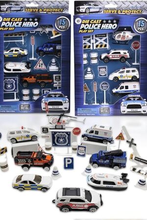 The Playset, Forest & Twelfth Kids Set of 2 15pcs Die Cast Mini Police Car Toy Set for Kids & Toddlers, Promotes Creative Pretend Play, Skill Development, Fun All-Occasion Gift Idea (Police Playset)
