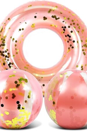 The Mozlly Rose Gold Inflatable Beach Balls and Pool Float Tube Bundle - Premium Swim Ring Pool Float and Glitter Beach Ball Set, Fun Pool Floats for Kids, Beach Party and Beach Balls for Pool- 3 Pieces
