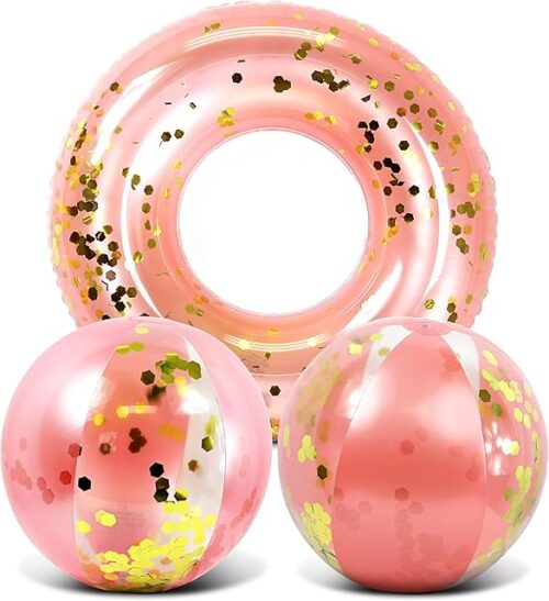 The Mozlly Rose Gold Inflatable Beach Balls and Pool Float Tube Bundle - Premium Swim Ring Pool Float and Glitter Beach Ball Set, Fun Pool Floats for Kids, Beach Party and Beach Balls for Pool- 3 Pieces
