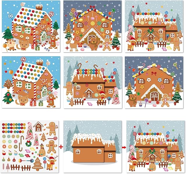 The Christmas Party Favor for Kids - 30 Sheets Make a Gingerbread House DIY Craft Stickers Scenes for Xmas Holiday Activity Party Game Supplies, 15 Sets