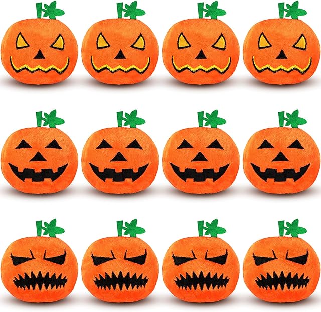 The Threan 12 Pieces Halloween Stuffed Pumpkin Plush Toy Small Pumpkin Plush Soft Doll with Spooky Expressions for Halloween Party Decoration Supplies, 3.14 Inch