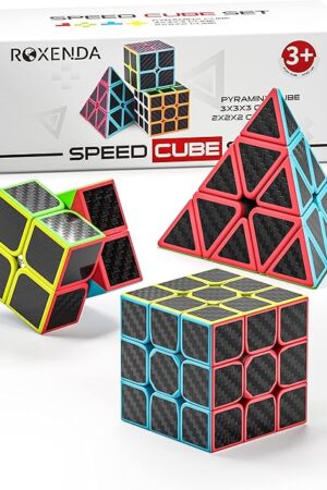 The ROXENDA Speed Cube Set, Magic Cube Set of 2x2x2 3x3x3 Pyramid Cube Smooth Puzzle Cube (Carbon Fiber)