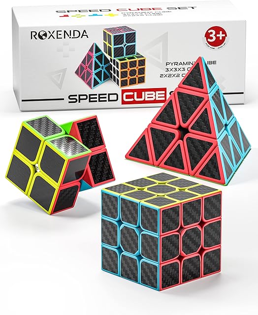 The ROXENDA Speed Cube Set, Magic Cube Set of 2x2x2 3x3x3 Pyramid Cube Smooth Puzzle Cube (Carbon Fiber)