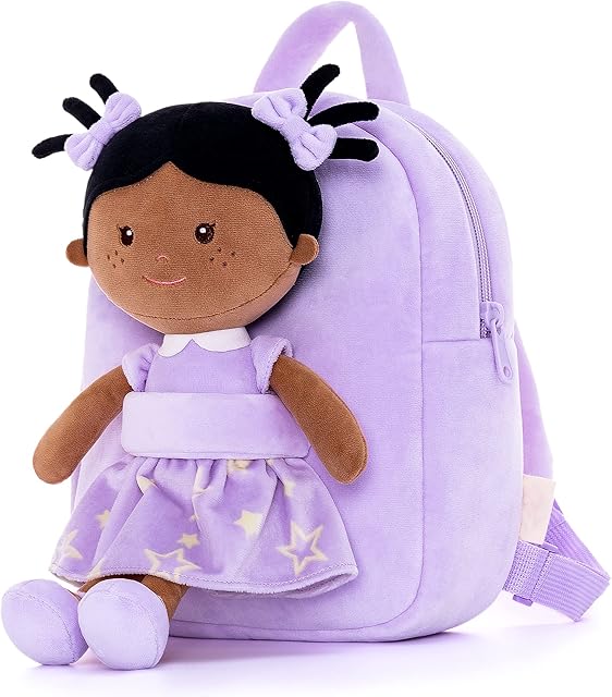 The Onetoo Back to School Gifts for Girls Toddler Kids Backpack with Soft Tanned Baby Dolls in Purple Star Dress 9.5"