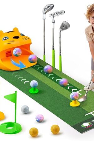 The Putting Green Indoor with Toddlers Golf Clubs，Party Game with Automatic Golf Bounce Back Machine,Outdoor Training mats,Light up Balls,Gifts for 3 Year Old boy&Girl