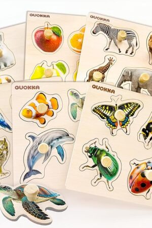 The QUOKKA Wooden Puzzles for Toddlers 1-3 – 6 Pegged Puzzles for Kids Ages 2-4 – Animal and Fruits Learning Toy for Kids – Gift Realistic Educational Game for Boy and Girl