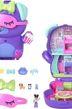 The Polly Pocket Dolls and Playset, Sleepover Puppy Compact, Travel Toy with 1 Micro Doll, Pet Dogs, Food & Fashion Styling Accessories