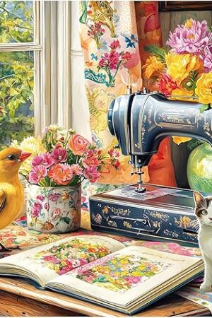 The Puzzles 300 Pieces for Adults,Vintage Sewing Machine Cat Jigsaw Puzzle for Seniors Children, Large Piece Bird Vase Puzzle for Kids Age 8-10 10-12, Stitch Quilt Puzzles,Family Game Great Gift 20.5*15in