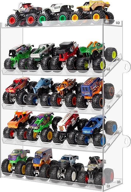 The Assembly Monster Trucks Display Case Holding for 20 Monster Trucks Acrylic Storage Case 5 Tiers Monster Trucks Organizer with Tilted Design, Display Case for Toy Trucks (Transparent)