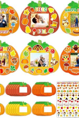 The Qyeahkj 36 Sets Fall Thanksgiving Craft for Kids DIY Autumn Pumpkin Picture Frame Craft Kit with Easel Fun Photo Frame Craft and Arts Kit for Home Class Kindergarten Party Art Activity