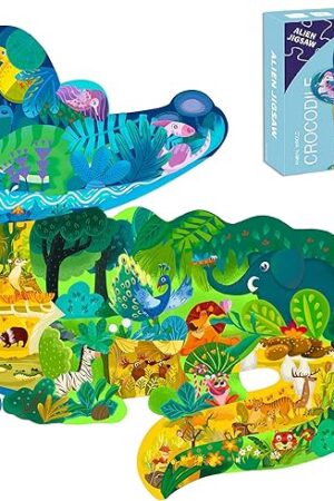 The PINU Jigsaw Puzzles for Kids Ages 3-5, 6-8, 8-10, Children Colorful Fun Animal Shaped Puzzle Learning Educational Toys Gifts Games for Boys and Girls (Crocodile-154 PCS)