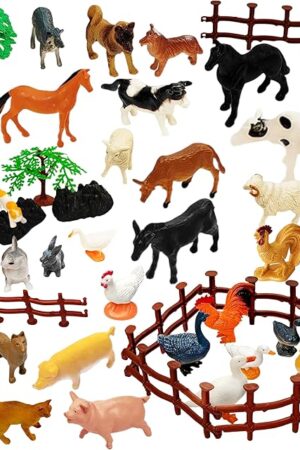 The Realistic Farm Animal Figurines 44 Pcs, PVC Plastic Classroom Playset with 28 Animals & 16 Fences/Trees, Cognitive Development Role Play Set​
