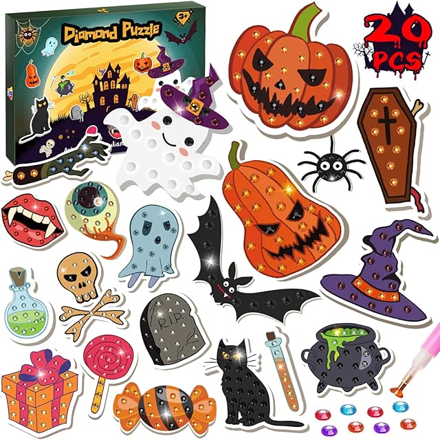 The TOY Life Diamond Painting Kit 20PCS Gem Art Stickers for Kids, Halloween Fun Toys Pumpkin Ghost Witch Hat Crafts for Girls 8-12, Diamond Art Kits for Kids Birthday Gift Ideas