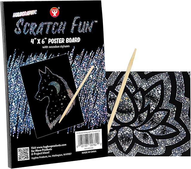 The Hygloss Products Fun, Black Matte Scratch Art Set for Kids, Kit Includes 100 Silver Holographic Papers, 4 x 6 Inches and 20 Wooden Stylus Sticks