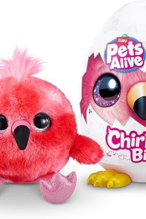 The Pets Alive Chirpy Birds (Flamingo) by ZURU, Electronic Pet That Speaks, Giant Surprise Egg, Stickers, Comb, Fluffy Clay, Bird Animal Plush for Girls