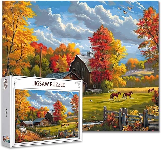 The Autumn Forest Jigsaw Puzzles 1000 Pieces for Adults, Families (Farm,Wooden House,Horse,Tree,Birds) Pieces Fit Together Perfectly 19.7''x27.6''inch Animal/Wildlife Frameable Magic Puzzle Art(Red)