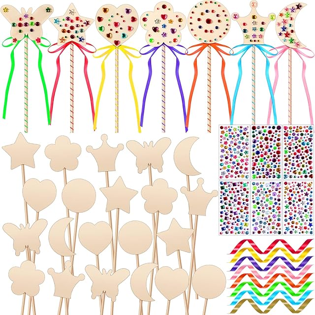 The Chumia 42 Pcs Princess Fairy Wands Kit Include 28 Wooden Princess Wand, 6 Gem Stickers, 8 Ribbons, Birthday Party Supplies, Unfinished DIY Moon Butterfly Make Your Own Wand