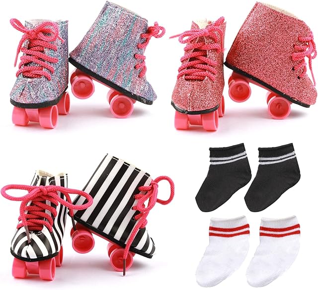 The 18? Doll Shoes Set, 3 Pairs of Doll Roller Skates+2 Pairs of Socks 18 in American Doll Accessories Fits 18 inch Girl Dolls