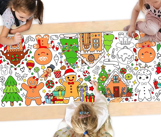 The Christmas Gingerbread Coloring Poster 31.4 x 72in Gingerbread House Theme DIY Drawing Tablecloth for Xmas Winter Holiday Activity Craft Supplies
