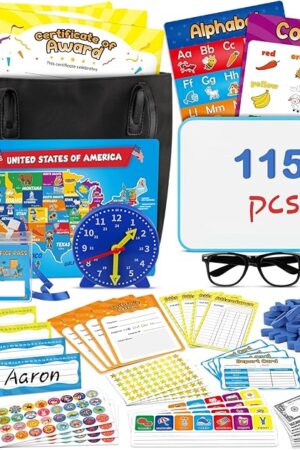 The Pretend Play Teacher Set for Kids Teacher Playset with Magnetic Numbers, Whiteboard, Bell, Alphabet Posters, USA Maps, Money Games, Teacher Stuff Kit School Supplies Educational Toys