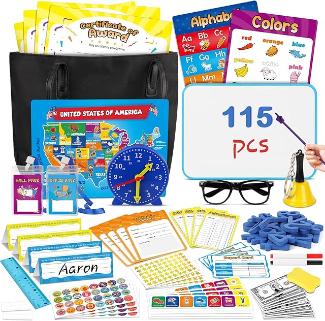 The Pretend Play Teacher Set for Kids Teacher Playset with Magnetic Numbers, Whiteboard, Bell, Alphabet Posters, USA Maps, Money Games, Teacher Stuff Kit School Supplies Educational Toys